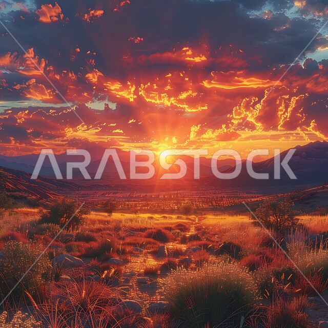 Sunset view on soft golden sand and desert terrain, sand formations and formations in the desert of the Kingdom of Saudi Arabia, distinct natural landscapes