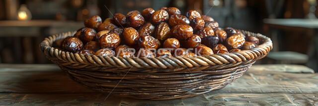 وجبة ذات قيمة غذائية عالية، تمر سكري صحي طازج، سلة مصنوعة من القش مليئة بحبات الرطب من نخيل المملكة العربية السعودية، محاصيل ومنتجات زراعية محلية وطنية، ضيافة رمضانية لذيذة