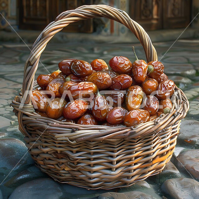 وجبة ذات قيمة غذائية عالية، تمر سكري صحي طازج، سلة مصنوعة من القش مليئة بحبات الرطب من نخيل المملكة العربية السعودية، محاصيل ومنتجات زراعية محلية وطنية، ضيافة رمضانية لذيذة