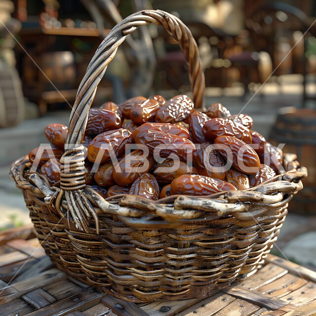 تمر سكري صحي طازج، وجبة ذات قيمة غذائية عالية، سلة مصنوعة من القش مليئة بحبات الرطب من نخيل المملكة العربية السعودية، محاصيل ومنتجات زراعية محلية وطنية، ضيافة رمضانية لذيذة