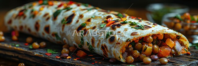 A sandwich of cut tortilla bread stuffed with lentils and delicious vegetables on a serving table, fast food restaurants in the Kingdom of Saudi Arabia, a light Arabic breakfast, a healthy morning meal, a sandwich full of fresh vegetables