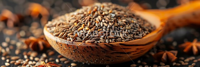 مصدر غذائي مهم للجسم، بذور غنية بالعناصر الغذائية المفيدة للصحة، صورة مقربة لملعقة خشبية من ببذور الكمون مليئة بالفيتامينات والمعادن، جودة المنتجات الوطنية المحلية، محاصيل عربية سعودية