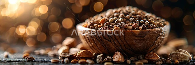 محاصيل عربية سعودية، جودة المنتجات الوطنية المحلية، مصدر غذائي مهم للجسم، بذور غنية بالعناصر الغذائية المفيدة للصحة، صورة مقربة لملعقة خشبية من ببذور الكمون مليئة بالفيتامينات والمعادن
