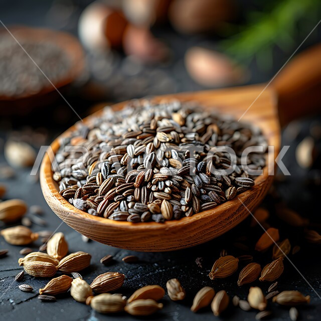 جودة المنتجات الوطنية المحلية، مصدر غذائي مهم للجسم، بذور غنية بالعناصر الغذائية المفيدة للصحة، صورة مقربة لملعقة خشبية من ببذور الكمون مليئة بالفيتامينات والمعادن، محاصيل عربية سعودية