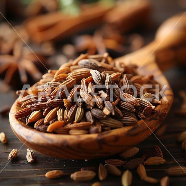 جودة المنتجات الوطنية المحلية، مصدر غذائي مهم للجسم، بذور غنية بالعناصر الغذائية المفيدة للصحة، صورة مقربة لملعقة خشبية من ببذور الكمون مليئة بالفيتامينات والمعادن، محاصيل عربية سعودية