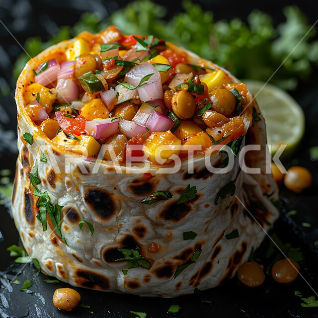 خبز التورتيلا النباتي المحشو بالخضار المشوية والعدس، وجبات طعام  الصحية اللذيذة،  مطاعم المأكولات السريعة في المملكة العربية السعودية ، وجبة فطورعربية خفيفة, وجبة صباحية صحية، ساندويتش مليء بالخضراوات الطازجة