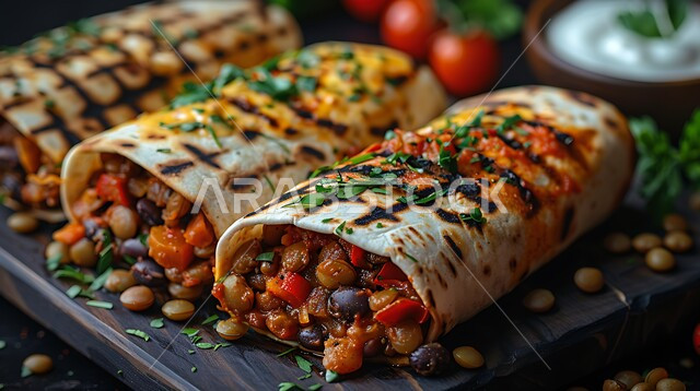 خبز التورتيلا النباتي المحشو بالخضار المشوية والعدس، وجبات طعام  الصحية اللذيذة،  مطاعم المأكولات السريعة في المملكة العربية السعودية ، وجبة فطورعربية خفيفة, وجبة صباحية صحية، ساندويتش مليء بالخضراوات الطازجة