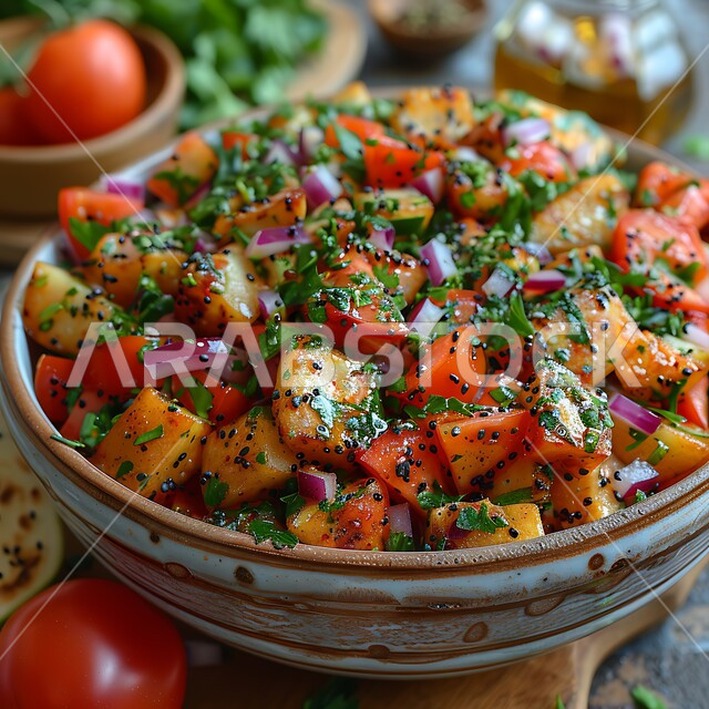 وجبات غذائية صحية، المقبلات العربية الباردة، الأساليب الفنية في تقديم الطعام في مطاعم ومطابخ السعودية، صورة مقربة لطبق من سلطة الخضار الشهية الطازجة، مأكولات شرقية لذيذة