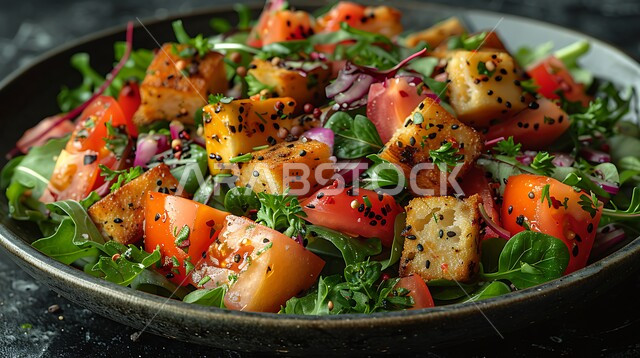 المقبلات العربية الباردة، الأساليب الفنية في تقديم الطعام في مطاعم ومطابخ السعودية، صورة مقربة لطبق من سلطة الخضار الشهية الطازجة، وجبات غذائية صحية، مأكولات شرقية لذيذة