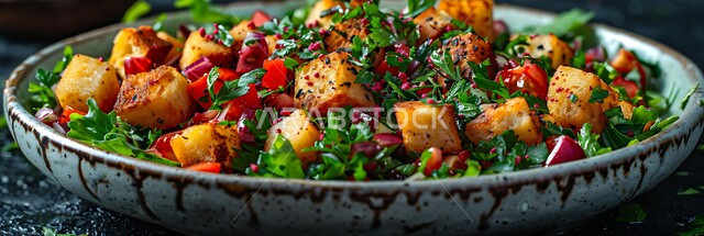 وجبات غذائية صحية، المقبلات العربية الباردة، الأساليب الفنية في تقديم الطعام في مطاعم ومطابخ السعودية، صورة مقربة لطبق من سلطة الخضار الشهية الطازجة، مأكولات شرقية لذيذة