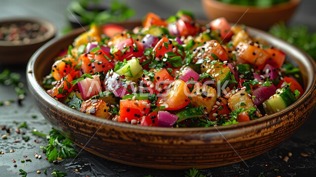 الأساليب الفنية في تقديم الطعام في مطاعم ومطابخ السعودية، المقبلات العربية الباردة، صورة مقربة لطبق من سلطة الخضار الشهية الطازجة، وجبات غذائية صحية، مأكولات شرقية لذيذة