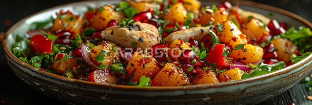 المقبلات العربية الباردة، الأساليب الفنية في تقديم الطعام في مطاعم ومطابخ السعودية، صورة مقربة لطبق من سلطة الخضار الشهية الطازجة، وجبات غذائية صحية، مأكولات شرقية لذيذة