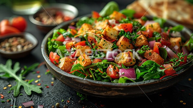 المقبلات العربية الباردة، الأساليب الفنية في تقديم الطعام في مطاعم ومطابخ السعودية، صورة مقربة لطبق من سلطة الخضار الشهية الطازجة، وجبات غذائية صحية، مأكولات شرقية لذيذة