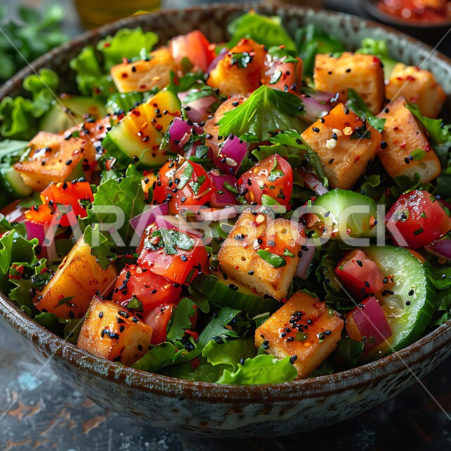 وجبات غذائية صحية، المقبلات العربية الباردة، الأساليب الفنية في تقديم الطعام في مطاعم ومطابخ السعودية، صورة مقربة لطبق من سلطة الخضار الشهية الطازجة، مأكولات شرقية لذيذة