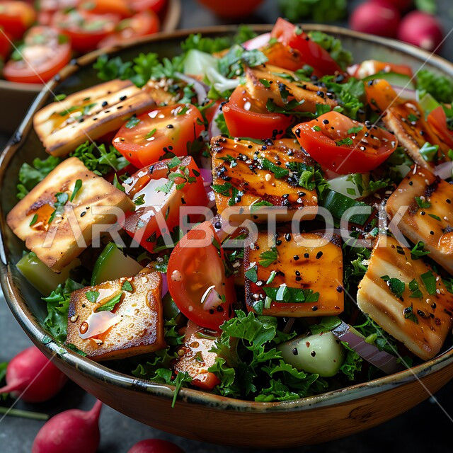 الأساليب الفنية في تقديم الطعام في مطاعم ومطابخ السعودية، المقبلات العربية الباردة، صورة مقربة لطبق من سلطة الخضار الشهية الطازجة، وجبات غذائية صحية، مأكولات شرقية لذيذة