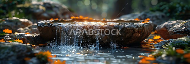 الديكورات الداخلية للحدائق، مفهوم الهدوء والاسترخاء، نافورة مياه حجرية بتفاصيل وزخارف جبسيه، فناء بيت عتيق تراثي في المملكة العربية السعودية، منظر الزهور والنباتات الخضراء