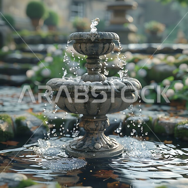 الديكورات الداخلية للحدائق، مفهوم الهدوء والاسترخاء، نافورة مياه حجرية بتفاصيل وزخارف جبسيه، فناء بيت عتيق تراثي في المملكة العربية السعودية، منظر الزهور والنباتات الخضراء