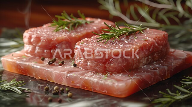 تُعرض الشرائح على قالب ملح وردي اللون مع أغصان إكليل الجبل الطازج والفلفل الأسود المطحون.