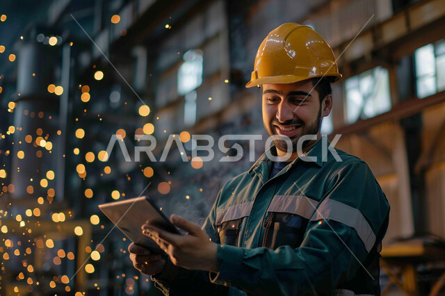 ايماءات السعادة والسرور والنظر الى الكاميرا، مراقبة عمل الآلات عبر الأجهزة التقنية الحديثة، مهن ووظائف هندسية سعودية، متابعة سير المشاريع والإشراف عليها ، مهندس عربي خليجي سعودي يرتدي سترة و وخوذة الوقاية يحمل بيده جهاز التابلت