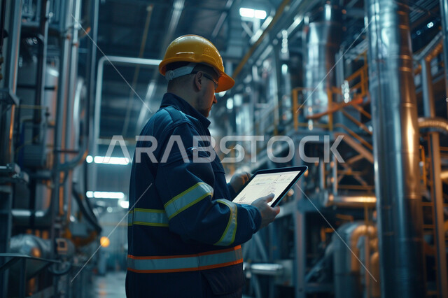 مراقبة عمل الآلات عبر الأجهزة التقنية الحديثة، مهن ووظائف هندسية سعودية، متابعة سير المشاريع والإشراف عليها ، مهندس عربي خليجي سعودي يرتدي سترة و وخوذة الوقاية يحمل بيده جهاز التابلت