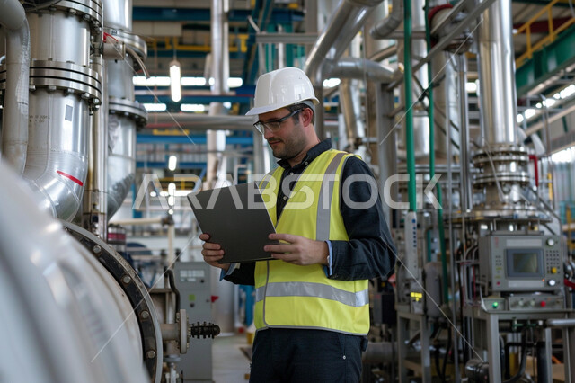 Supervising projects and following up on their progress, Saudi engineering jobs and professions, a Saudi Gulf Arab engineer wearing a protective jacket and helmet, holding a tablet in his hand, monitoring the progress of machines through modern technical devices.