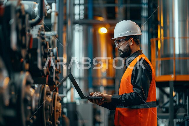 استخدام الأجهزة التقنية الحديثة لمراقبة عمل الآلات، مهن ووظائف هندسية سعودية، متابعة سير المشاريع والإشراف عليها ، مهندس عربي خليجي سعودي يرتدي سترة و وخوذة الوقاية يحمل بيده جهاز الحاسوب المحمول