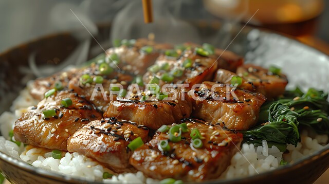 ولائم وأطباق عربية تقليدية شعبية، طبق من الأرز مع قطع اللحم المشوي المزين، وصفات الطعام الشهية، المأكولات والوجبات الشرقية، مطابخ ومطاعم المملكة العربية السعودية