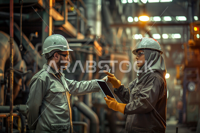 المساواة بين الرجل والمرأة، مهندسان مصانع عربيان خليجيان سعوديان يرتديان سترة وخوذة الحماية يقومان بالتعاون ومتابعة الاعمال باستخدام جهاز التابلت، اعتماد التقنيات والتكنولوجيا الحديثة في الهندسة, مهن ووظائف سعودية، خلفية المعمل