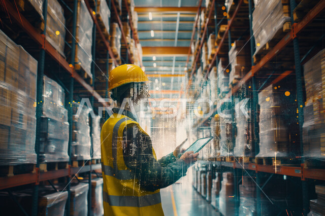 استخدام الأجهزة التقنية الحديثة, تحقيق الثورة الصناعية وكفاءة الإنتاج و التصنيع, اعتماد الآليات و الذكاء الاصطناعي في الهندسة, تشغيل خط الإنتاج بإستخدام جهاز التابلت, مهندس عربي سعودي خليجي يرتدي السترة وخوذة الحماية يتابع سير الأعمال