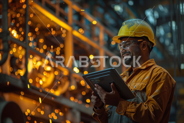 التحول التقني والتكنولوجي الحديث, تحقيق الثورة الصناعية وكفاءة الإنتاج و التصنيع, اعتماد الآليات و الذكاء الاصطناعي في الهندسة, تشغيل خط الإنتاج بإستخدام جهاز التابلت, مهندس عربي سعودي خليجي يرتدي السترة وخوذة الحماية يتابع سير الأعمال