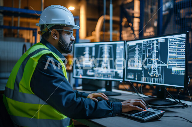 استعمال الأجهزة التقنية الحديثة, تحقيق الثورة الصناعية وكفاءة الإنتاج و التصنيع, اعتماد الآليات و الذكاء الاصطناعي في الهندسة, تشغيل خط الإنتاج بإستخدام جهاز الحاسوب, مهندس عربي سعودي خليجي يرتدي السترة وخوذة الحماية يتابع سير الأعمال