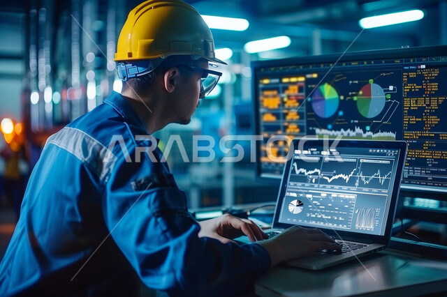 متابعة سير الأعمال، استخدام الأجهزة التقنية الحديثة, تحقيق الثورة الصناعية وكفاءة الإنتاج و التصنيع, اعتماد الآليات و الذكاء الاصطناعي في الهندسة, تشغيل خط الإنتاج بإستخدام جهاز الحاسوب, مهندس عربي سعودي خليجي يرتدي السترة وخوذة الحماية 