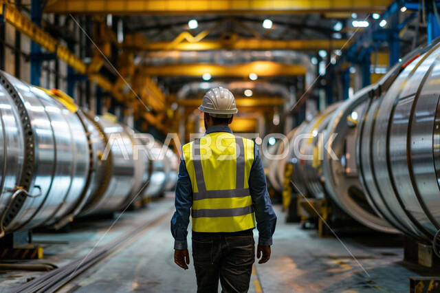 Work in the industrial field, repair and maintenance of Saudi factories, a picture from the back of a Saudi Gulf Arab engineer wearing a protective jacket and helmet. He monitors the productivity of machines, supervises and audits industrial work, engineering professions and jobs for youth