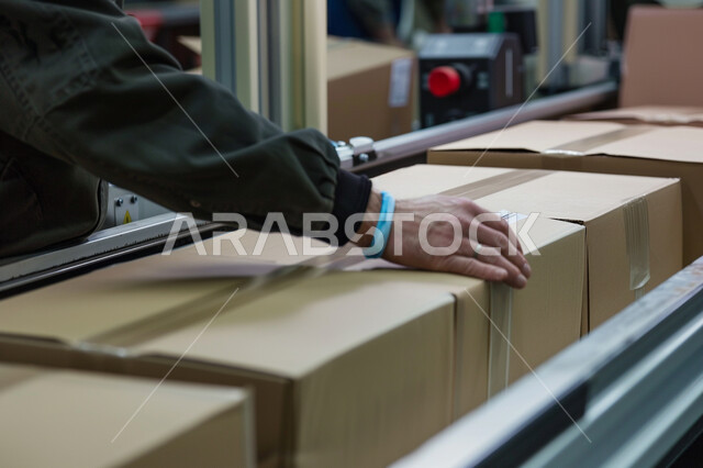 تسهيل عملية التعبئة بامتلاك أحدث الأدوات والمعدات, تسريع عجلة الانتاج في مصانع التغليف باستخدام التكنولوجيا الحديثة, صورة مقربة ليد عامل عربي خليجي سعودي يقوم بترتيب الصناديق, انتشار الهندسة الصناعية في السعودية