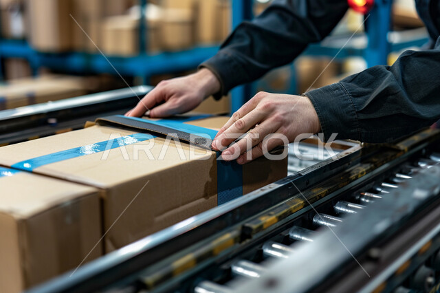 تسريع عجلة الانتاج في مصانع التغليف باستخدام التكنولوجيا الحديثة, صورة مقربة ليد عامل عربي خليجي سعودي يقوم بترتيب الصناديق, تسهيل عملية التعبئة بامتلاك أحدث الأدوات والمعدات, انتشار الهندسة الصناعية في السعودية