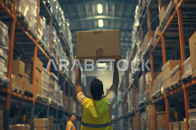 عملية التعبئة بامتلاك أحدث الأدوات والمعدات, انتشار الهندسة الصناعية في السعودية، تسريع عجلة الانتاج في مصانع التغليف باستخدام التكنولوجيا الحديثة, صورة من الخلف عامل عربي خليجي سعودي يقوم برفع صندوق كرتوني 