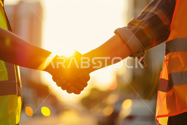 تعاقدات عمل سعودية مع شركات هندسية متطورة، ابرام اتفاقيات ناجحة, صورة مقربة لايدي مهندسان عربيان خليجيان سعوديان يرتديان سترة الحماية يقومان بمصافحة بعضهما, التعاون والتشارك في أعمال البناء