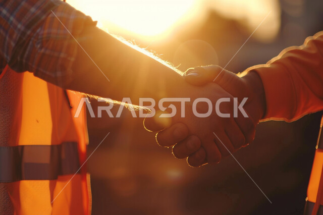 ابرام اتفاقيات ناجحة, تعاقدات عمل سعودية مع شركات هندسية متطورة، صورة مقربة لايدي مهندسان عربيان خليجيان سعوديان يرتديان سترة الحماية يقومان بمصافحة بعضهما, التعاون والتشارك في أعمال البناء