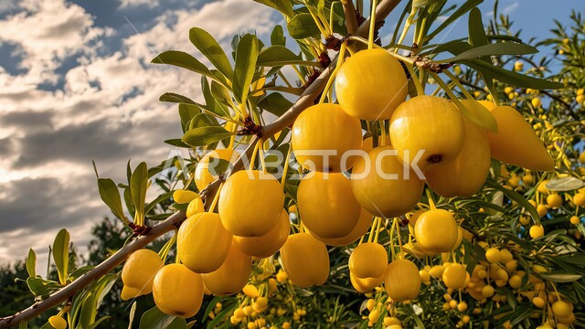 Taking care of fruitful green trees and plants, growing delicious healthy vegetables and fruits, a close-up of yellow wild plum fruits on the tree in the Kingdom of Saudi Arabia, local and national agricultural products and crops.
