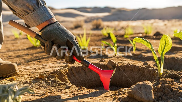 مزارع وحقول المملكة العربية السعودية, زراعة الشتلات الصغيرة, صورة مقربة ليد رجل عربي خليجي سعودي يرتدي قفازات ويقوم بحفر التراب, مفهوم الزراعة والتربة الخصبة