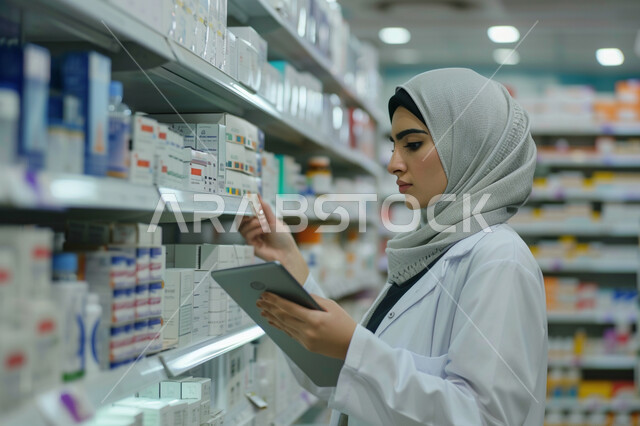 تشخيص حالات المرضى عبر الاجهزة التقنية الحديثة، الوصفات الطبية والرعاية الصحية، جرد وفحص مخزون الأدوية والمستلزمات الطبية داخل الصيدلية، صورة مقربة ليد صيدلانية عربية سعودية خليجية ترتدي اليونيفورم الطبي تحمل بيدها جهاز التابلت