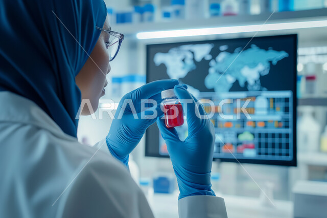 إجراء تجارب وبحوث علمية عبر التكنولوجيا الحيوية، مختبرات الفحوصات الطبية والتحاليل الكيمائية، صورة مقربة ليد مخبرية ترتدي القفازات و تمسك بيدها أنابيب الاختبار، استخدام الأنبوبة الزجاجية المعقمة لتحليل العينات المختلفة، معمل الصناعات الدوائية