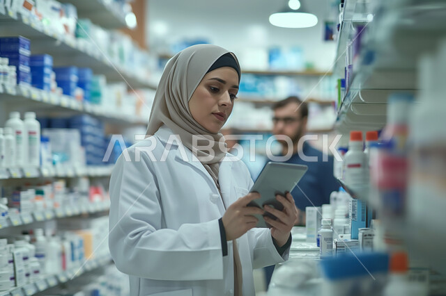 استخدام الاجهزة التقنية الحديثة لتشخيص حالات المرضى، الوصفات الطبية والرعاية الصحية، جرد وفحص مخزون الأدوية والمستلزمات الطبية داخل الصيدلية، صورة مقربة ليد صيدلانية عربية سعودية خليجية ترتدي اليونيفورم الطبي تحمل بيدها جهاز التابلت