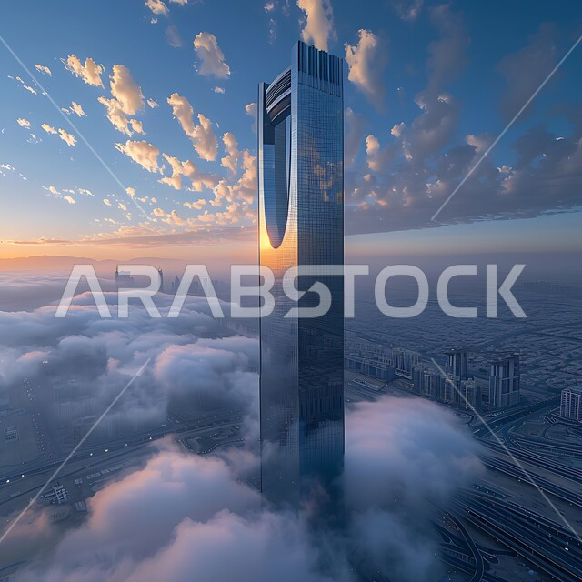 النمو و التقدم والتوسع العمراني، الأجواء الضبابية المحيطة بالأبراج وناطحات السحاب في المملكة العربية السعودية, صورة من الأعلى لبرج المملكة وقت غروب الشمس, أماكن ومعالم سياحية في دبي, خلفية الطبيعه