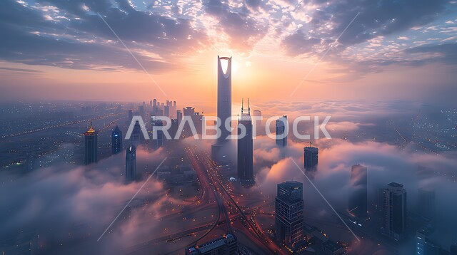 التقدم و النمو والتوسع العمراني، الأجواء الضبابية المحيطة بالأبراج وناطحات السحاب في المملكة العربية السعودية, صورة من الأعلى لبرج المملكة وقت غروب الشمس, أماكن ومعالم سياحية في دبي, خلفية الطبيعه