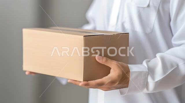 عملية توصيل الطلبات للزبائن، الشحن والتوصيل ذات الجودة العالية، بورتريه مقرب لايدي شاب عربي خليجي سعودي يرتدي الزي التقليدي يعمل كمندوب مبيعات ويحمل بيده صندوق كرتوني، التسوق وطلب المنتجات عبر الإنترنت, خلفية بيضاء