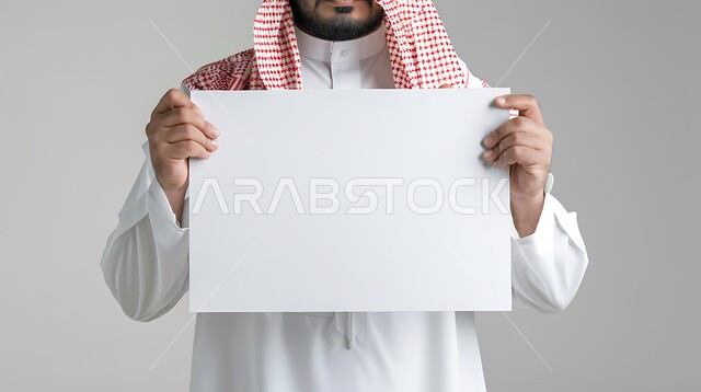 Using explanatory panels and educational tools, advertisements and marketing presentations, a white square mockup, a close-up portrait of a smiling Saudi Gulf Arab young man wearing the traditional thobe and shemagh, holding a blank square white board in his hand, a white background.