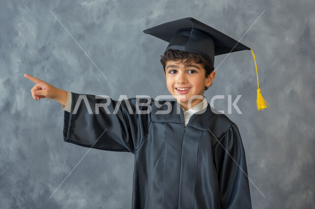  الانتقال الى سنة دراسية جديدة، الاحتفال بالتخرج من الفصل الدراسي، تعابير الفخر والسعادة لتحقيق النجاح، مفهوم التعليم في المملكة العربية السعودية، بورتريه مقرب لطالب مدرسي عربي خليجي سعودي يرتدي ثوب وقبعة التخرج يشير بأصبعه الى شيء ما، خلفية رمادية