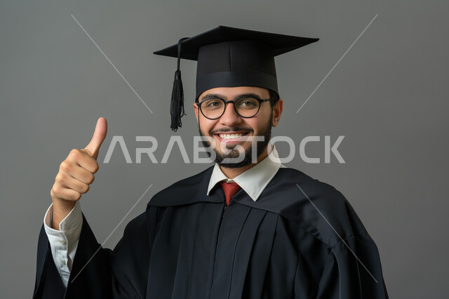 Feelings of pride and self-confidence, celebrating the completion of university studies, raising a hand with expressions of quality and admiration, a close-up portrait of a Saudi-Gulf Arab university student wearing an abaya and graduation cap looking at the camera with gestures of joy and pleasure, the concept of diligence and excellence, gray background