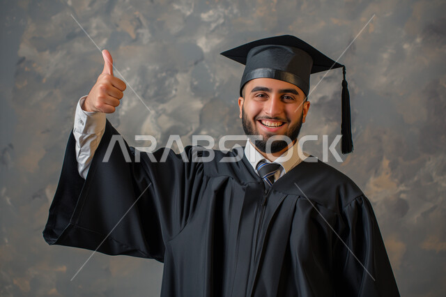 A feeling of pride and self-confidence, celebrating the completion of university studies, raising a hand with expressions of quality and admiration, a close-up portrait of a Saudi-Gulf Arab university student wearing an abaya and graduation cap looking at the camera with gestures of joy and pleasure, the concept of diligence and excellence, gray background